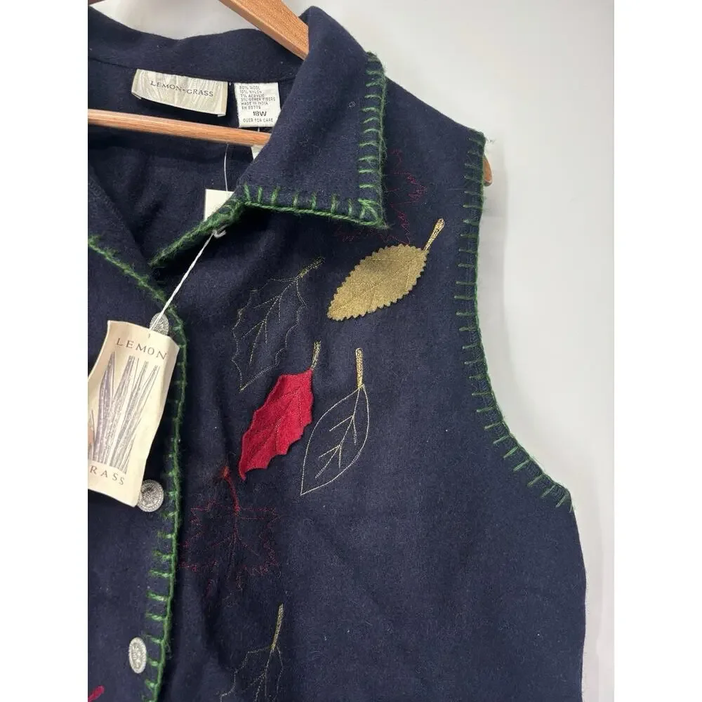 Vintage Lemon Grass Wool Vest 18W Navy Fall Leaves Appliqué Cottagecore
